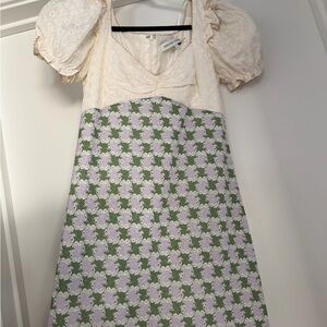 English Factory Cream Bodice Lavender and Green Patterned Midi Dress